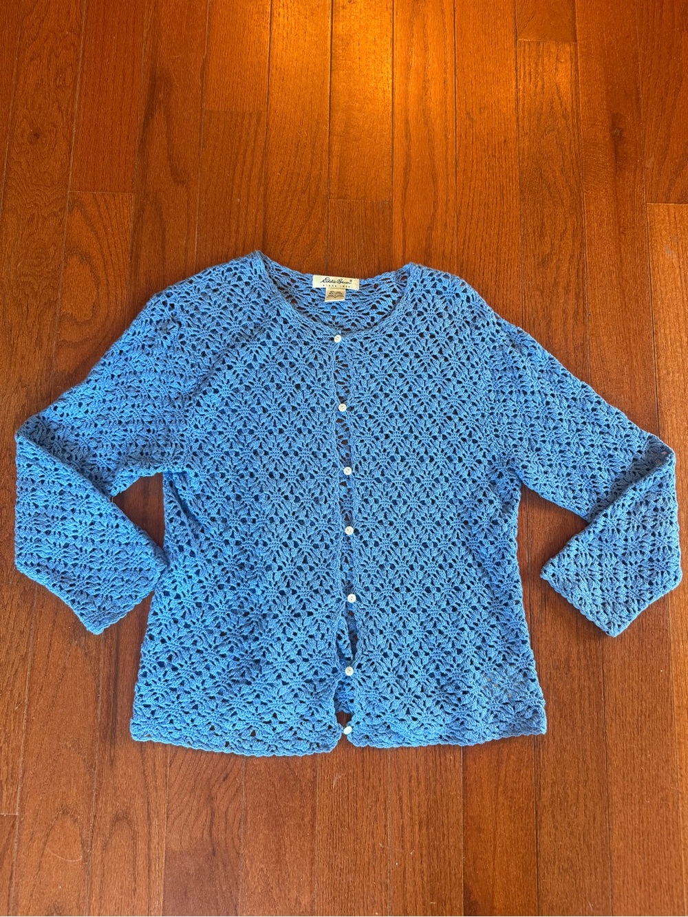 Eddie Bauer Sky Blue Crochet Button-Front Cardigan